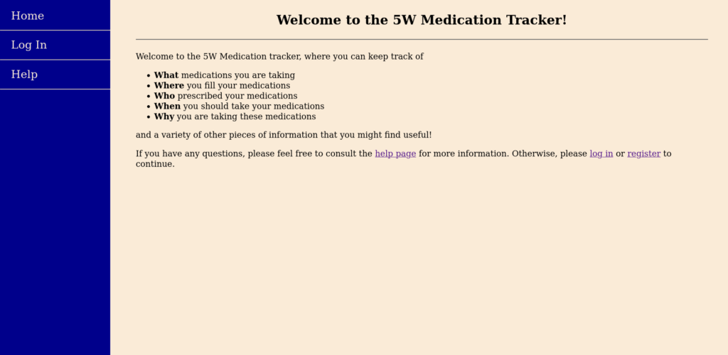 Screenshot of Introductory page of Medication Tracker