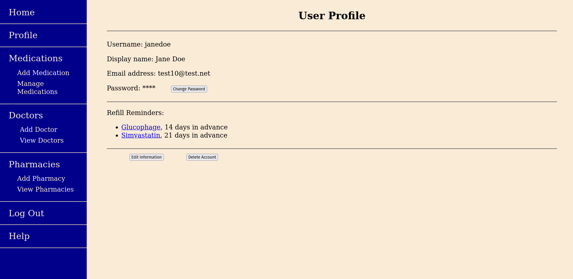 Screenshot of the user profile page